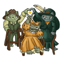 a sticker of three goblins with mobility aids making a heart with all their hands