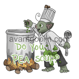 a sticker of a chef goblin dropping peas into a pot, with "DO YOU PEA SOUP?" captioned on.