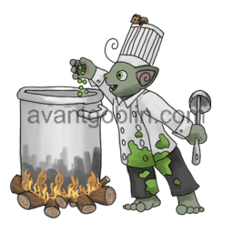 a sticker of a chef goblin dropping peas into a pot