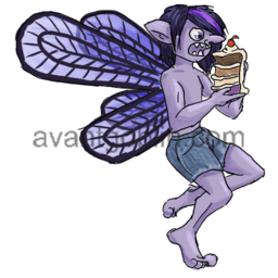 a sticker of a pixie in only shorts, about to stuff a slice of cake down his face