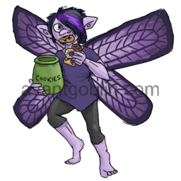 a sticker of a pixie in a tunic and leggings, stuffing cookies into their mouth from a jar