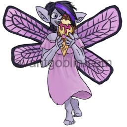 a sticker of a pixie wearing a dress and smiling out from around a large ice cream cone