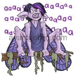 a sticker of a purple pixie crouched on a branch with spanish moss, screaming