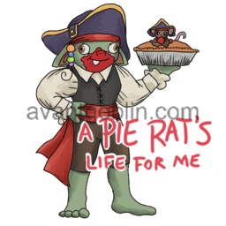 a sticker of a pirate goblin, holding a pie with a rat in it, with "A PIE-RAT'S LIFE FOR ME" captioned on.