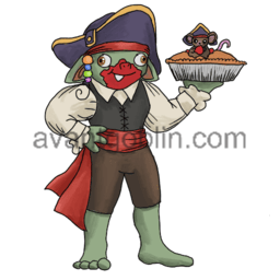 a sticker of a pirate goblin, holding a pie with a rat in it