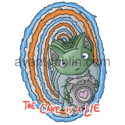 a sticker of a goblin peering through an infinite Portal, with "THE CAKE IS A LIE" captioned on.