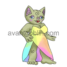 a sticker of a goblin in a fancy rainbow dress