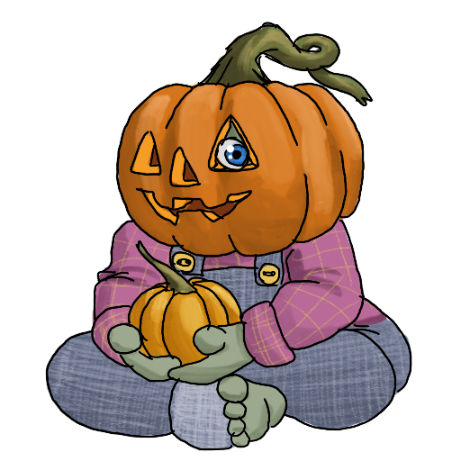 a sticker of what is presumably a goblin, wearing a carved pumpkin on their head and peeking out through one eye-hole, holding a smaller pumpkin.