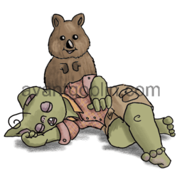 a sticker of a sleepy australian goblin with a quokka