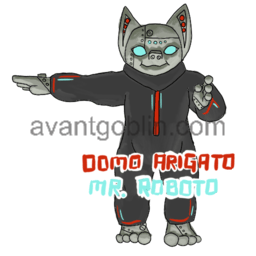 a sticker of a robotic goblin with an evil look, and "DOMO ARIGATO, MR. ROBOTO" captioned on.