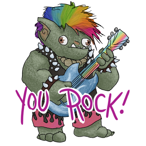 a sticker of a goblin with rainbow spiked hair and a cool guitar; implied to be a Rock Wizard.  The caption is "YOU ROCK"