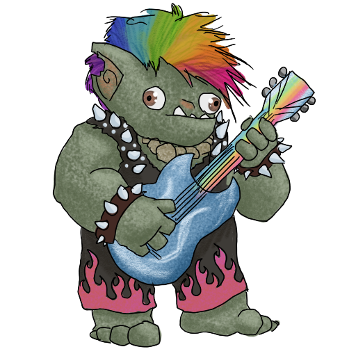 a sticker of a goblin with rainbow spiked hair and a cool guitar; implied to be a Rock Wizard.