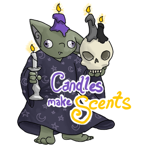 a sticker of a goblin wearing a wizard robe, and holding a candelabra and skull.  There are more candles stuck to the goblin's head and the skull.  The caption is "Candles Make Scents"