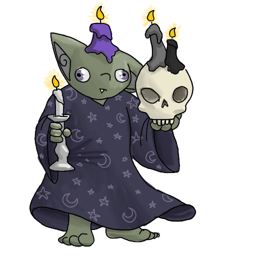 a sticker of a goblin wearing a wizard robe, and holding a candelabra and skull.  There are more candles stuck to the goblin's head and the skull.