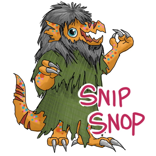 a sticker of a kobold with a manic look and many scars, wearing a shredded and sliced robe; implied to be a Scissors Wizard.  The caption is "SNIP SNOP"