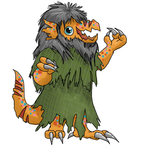 a sticker of a kobold with a manic look and many scars, wearing a shredded and sliced robe; implied to be a Scissors Wizard.