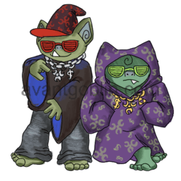 a sticker of two goblins with wizard robes and rapper chains