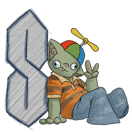 a sticker of a goblin dressed like it's 2001 with a propellor beanie, polo, and incredibly baggy jeans, showing a peace sign and leaning against one of those S graphics we all used to draw in the margins of school assignments.