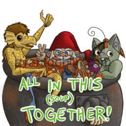 a sticker of a kobold, a dwarf, a goblin, and some features that may belong to a troll, using a cauldron full of soup as a hot tub, with the caption '"We're all in this (soup) together"