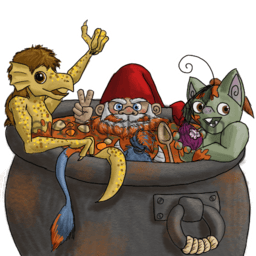 a sticker of a kobold, a dwarf, a goblin, and some features that may belong to a troll, using a cauldron full of soup as a hot tub