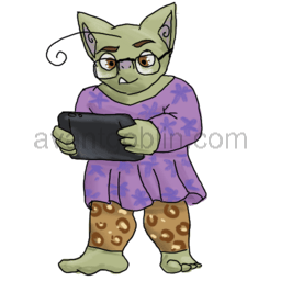 a sticker of a goblin with a long purple shirt and leopard-print leggings, playing with a Steam Deck.;