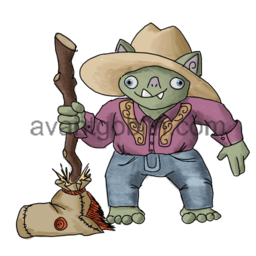 a sticker of a cowboy goblin with a stick pony.