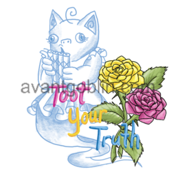 a sticker of a ghostly goblin with pan-pipes and roses, and "TOOT YOUR TRUTH" captioned on.