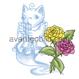 a sticker of a ghostly goblin with pan-pipes and roses