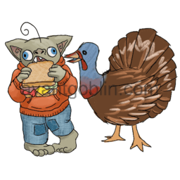 a sticker of a goblin eating a sandwich, accompanied by a turkey