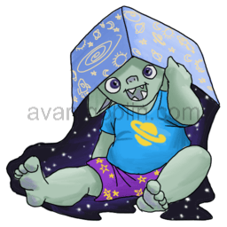 a sticker of a goblin, wearing purple shorts and a blue tee shirt with space themed patterning, tipping a box over their head.  The box is also patterned with space themimg, and is pouring out a puddle of starry night sky.