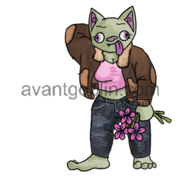 a sticker of a goblin holding a bouquet, sporting a stupid but happy expression,