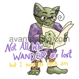 a sticker of a goblin holding a map upside-down, with the phrase "All who wander are not lost/but I sure the heck am" captioned on