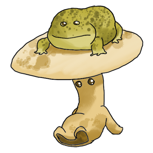 a funky-looking frog lounging on the cap of a lounging yellow mushroom.