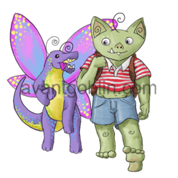 a sticker of a goblin walking beside a fairy dragon