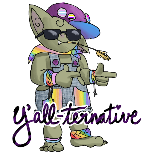 a sticker of a goblin, with a pair of denim coveralls worn without a shirt, sunglasses, a purple baseball cap with pride pins, a rainbow bandanna around their neck, and several pride-colored anklets and bracelets.  They are chewing on a bit of wheat, and giving finger guns; strongly implied to be gay/bi/trans/nonbinary.  The caption reads "Y'allternative"