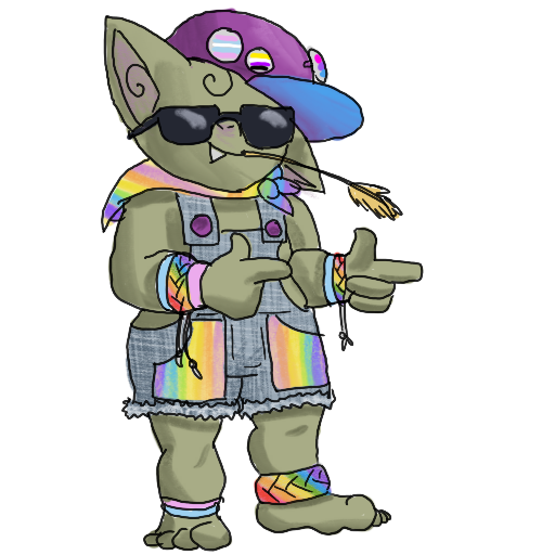 a sticker of a goblin, with a pair of denim coveralls worn without a shirt, sunglasses, a purple baseball cap with pride pins, a rainbow bandanna around their neck, and several pride-colored anklets and bracelets.  They are chewing on a bit of wheat, and giving finger guns; strongly implied to be gay/bi/trans/nonbinary.