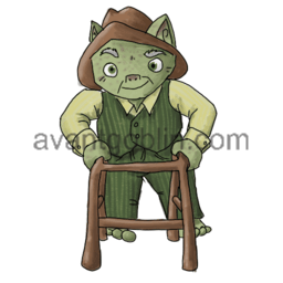 a sticker of an old man goblin with a walker