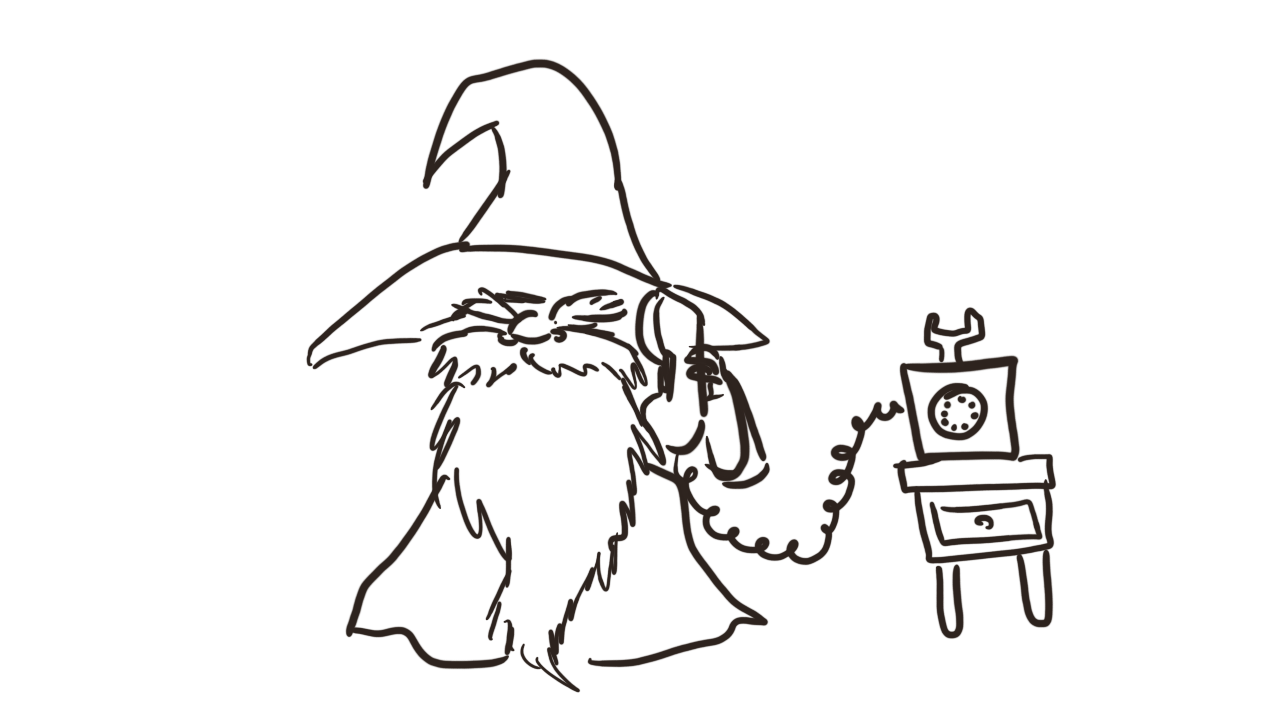 A sepia-ink scribble depicting Merle, talking on a rotary telephone. He is squat with more beard than face and a pointy hat where the point sags.