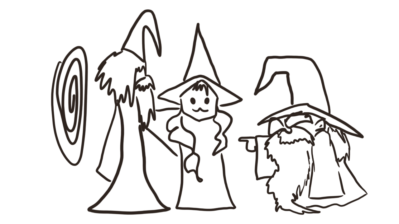 A sepia-ink scribble of Merle again, pointing two guests back into their portal; a generic wizard, and Nina, with a :3 face and a hat that is pointy but does not sag