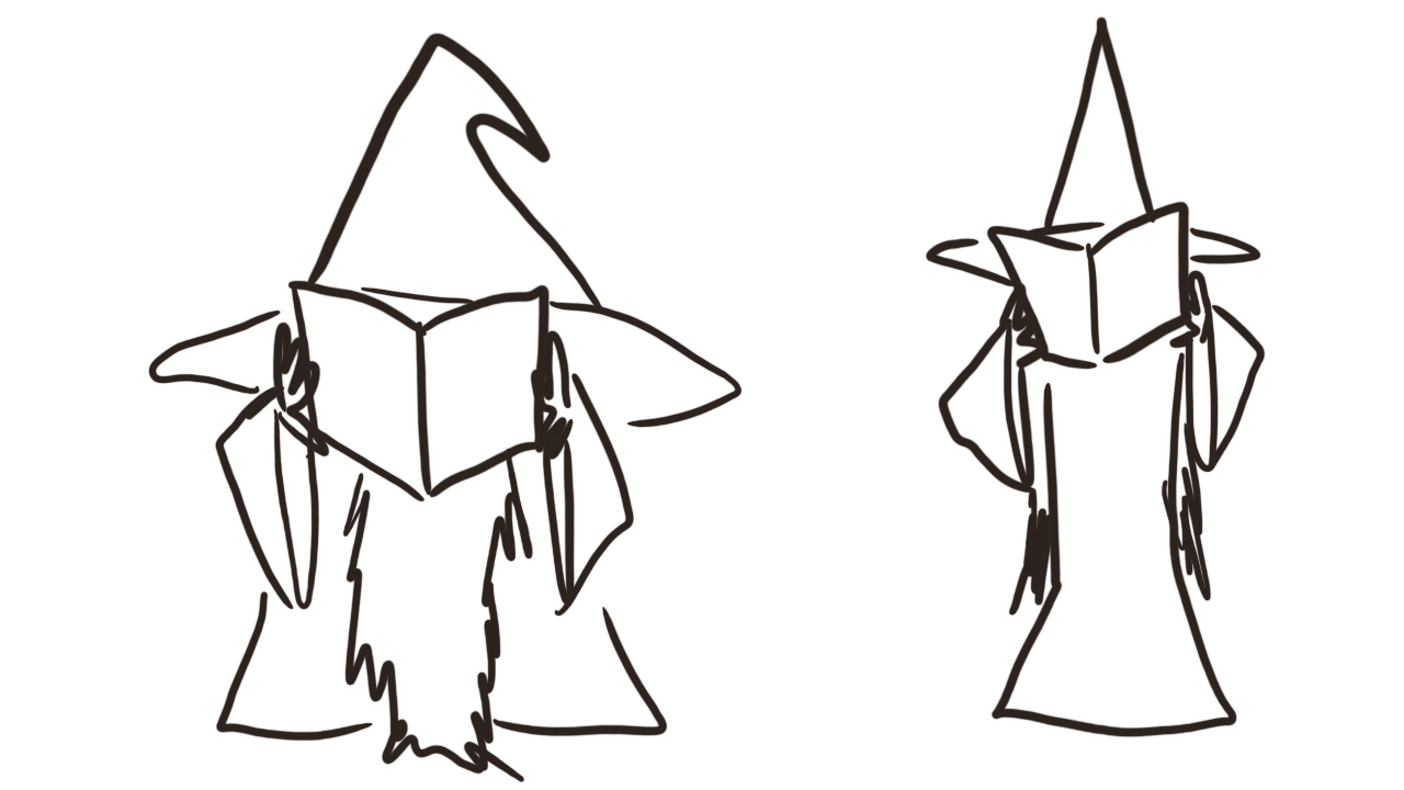 A Merle shaped scribble and a Nina shaped scribble are both holding books in front of their faces