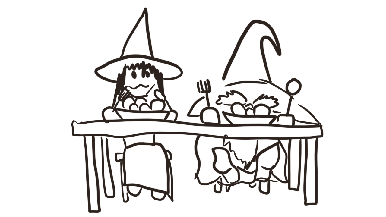 Merle and Nina scribbles are sitting at a scribbled dinner table with food.  Their feet do not touch the floor.