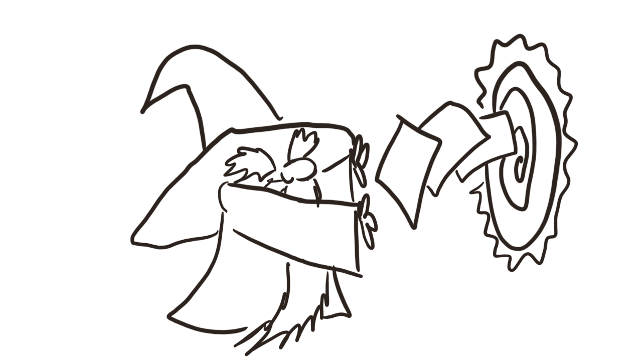 Merle is yeeting the scribbly papers into a swirly portal
