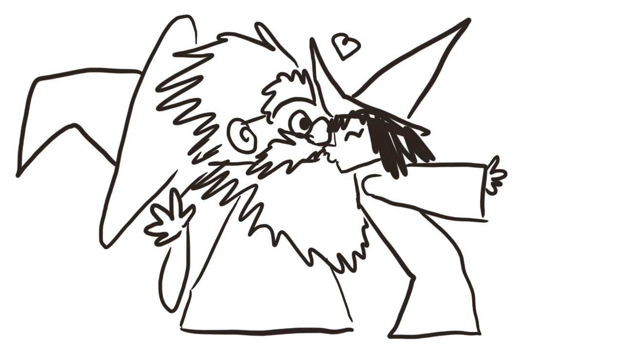 Nina scribble is kissing what used to be a Merle scribble, but all his hair is on end and his hat is blown off and his eyes are visible for the first time. There is a small heart.