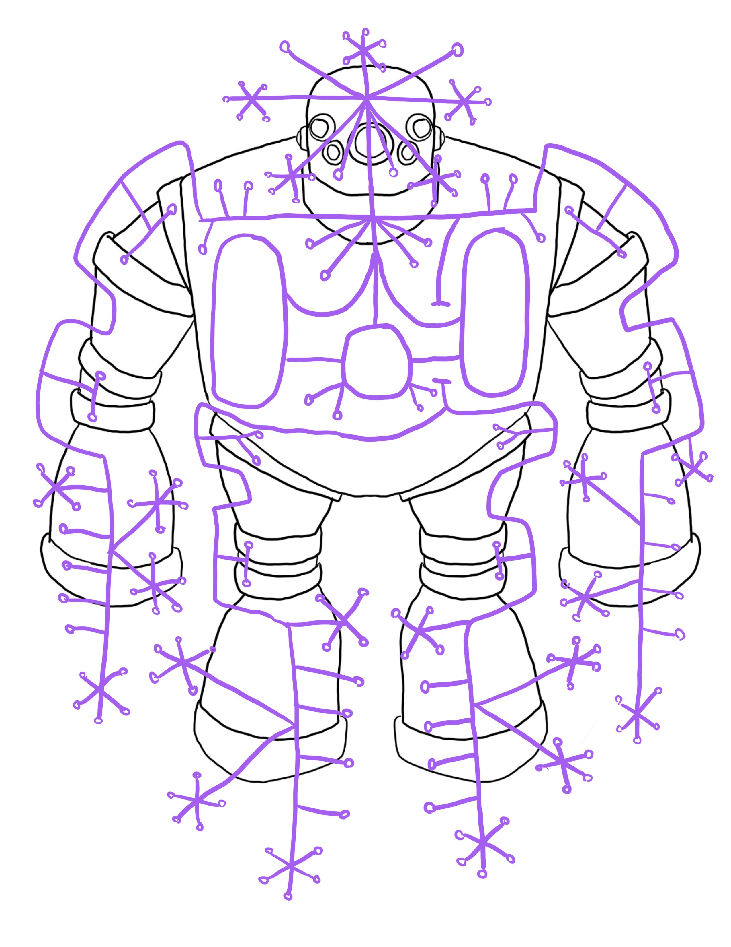 technical drawing of a mech, featuring a camera/external vision system in magenta.  Annotated, with transcription below.