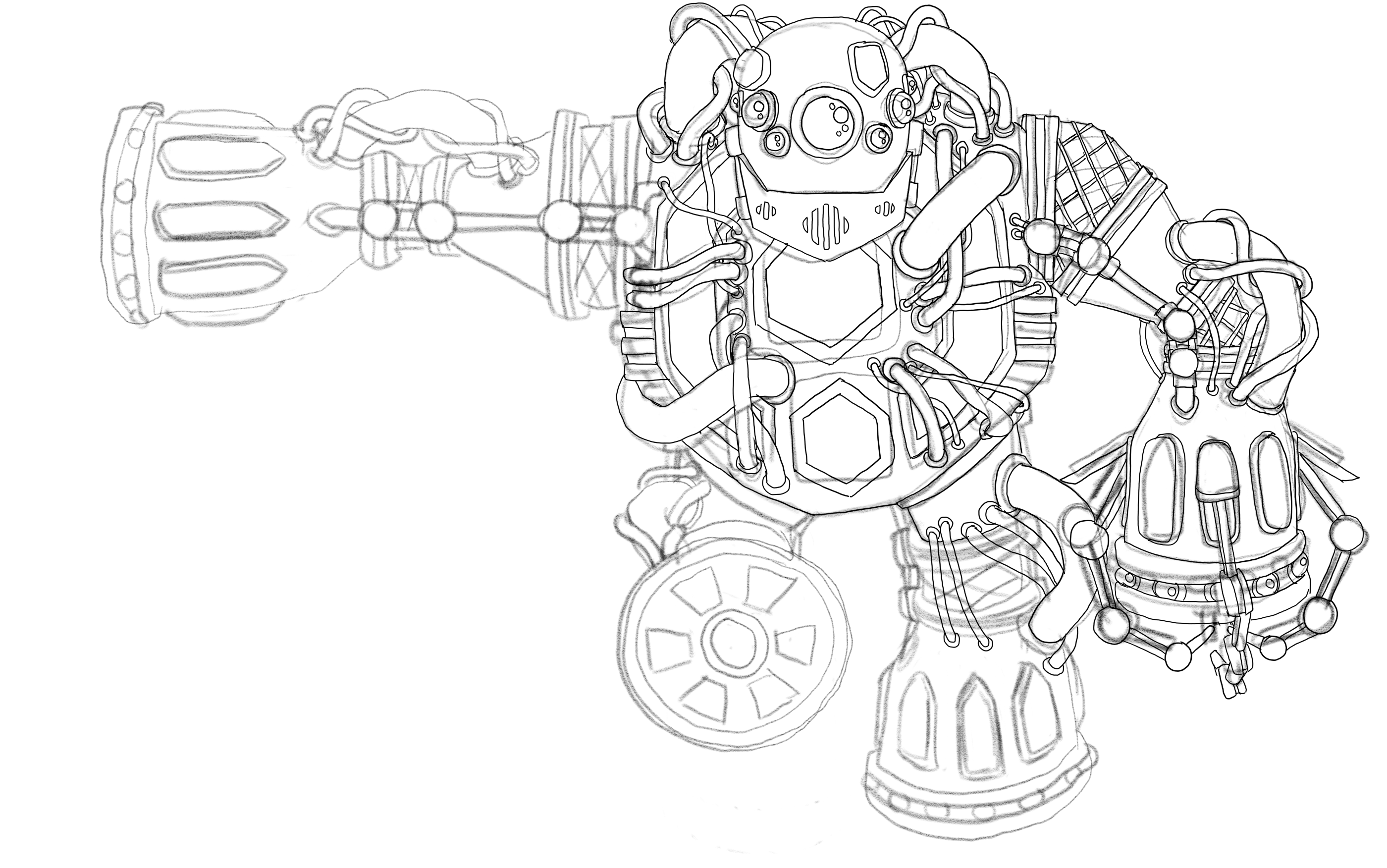 a pencil-and-ink render of a mech that oddly resembles a jukebox; consider reading the included articles for more details.