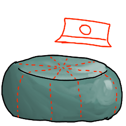 a flattened clay ball with red lines sectioning it into eighths, with a razor depicted