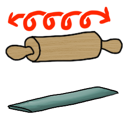 a flattened coil of clay with a wooden rolling pin
