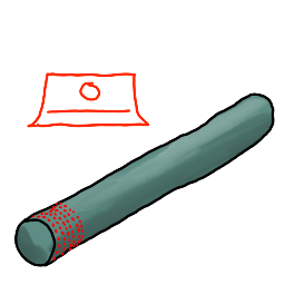a coil of clay with very thin chunks marked with red lines