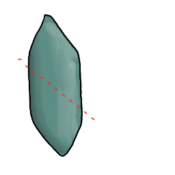 a small flat sweep potato shaped bit of clay pressed flat, with diagonal cut guides on it