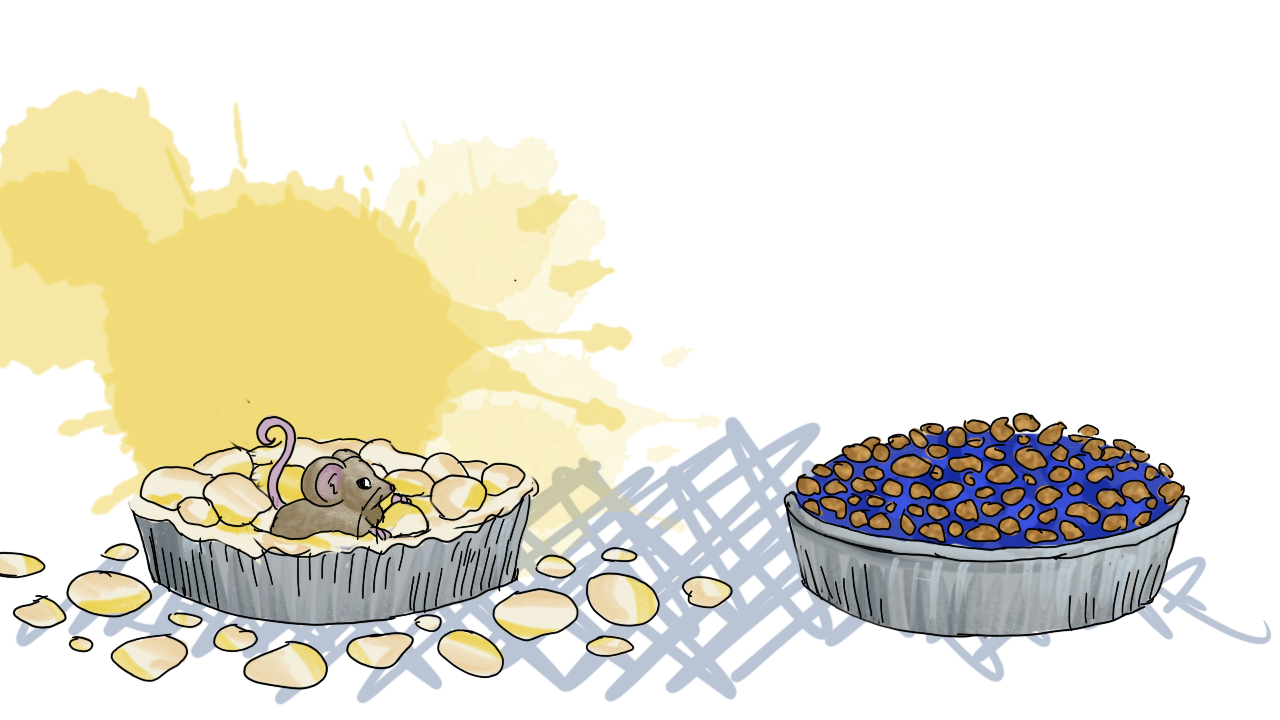 the mouse has noticed a blueberry crumb pie to the right, and is looking with interest from within the destroyed lemon merengue pie